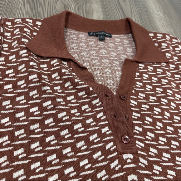 Adrianna Papell Brown and White Patterned Polo Sweater with Button Details - Picture 2 of 4